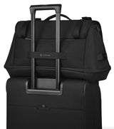 Victorinox Crosslight Duffel in black, featuring recycled materials, extra packing space, and removable shoulder strap.