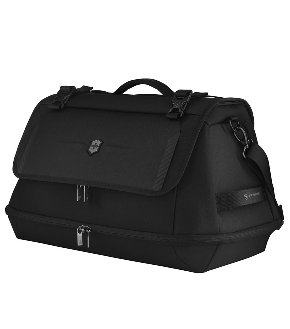 Victorinox Crosslight Black Duffel featuring a zippered bottom, eco-friendly materials, and customizable packing options.