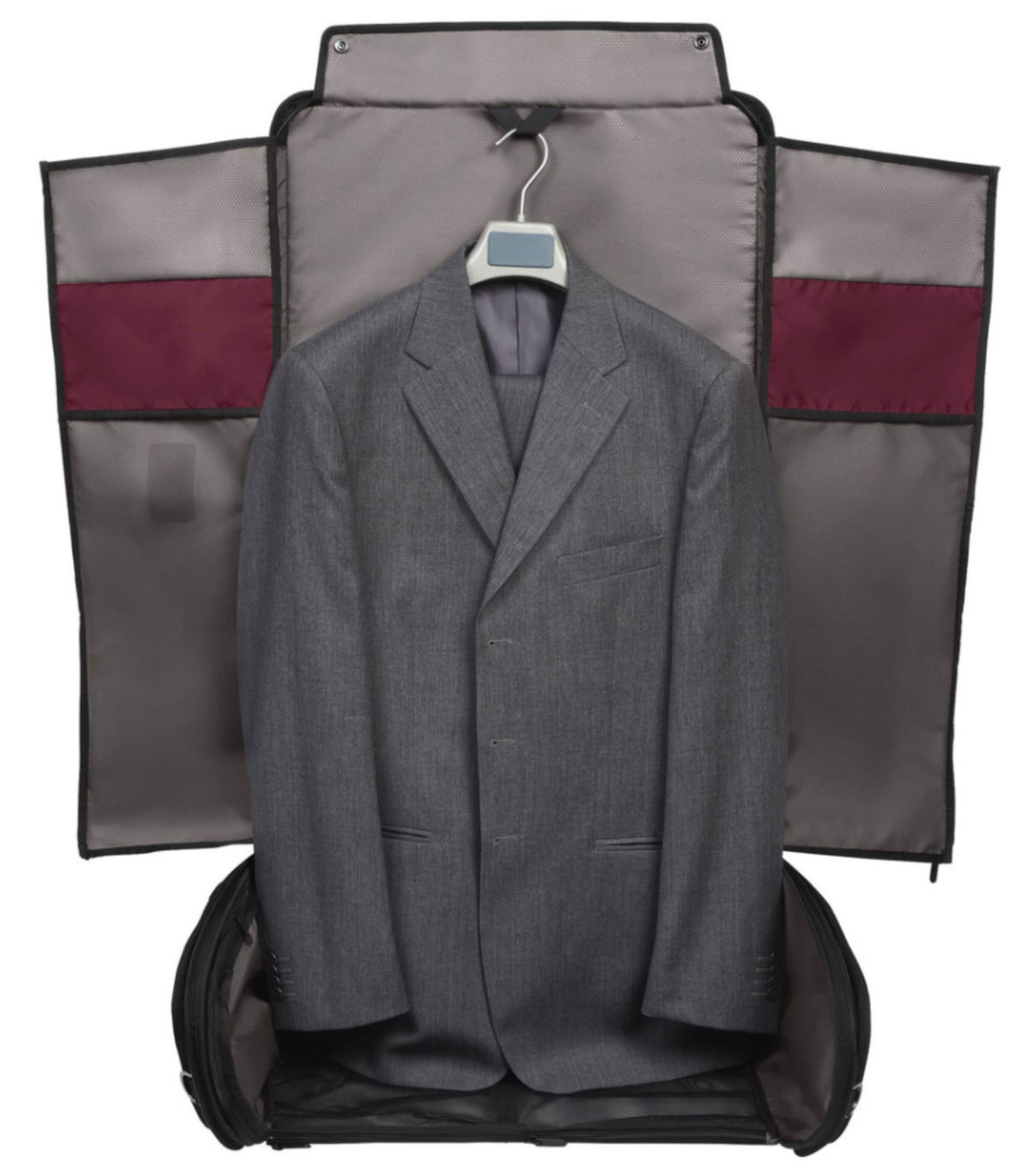 Victorinox Crosslight Garment Bag in black, made from recycled materials, features mesh pockets and wrinkle-free design for travel.