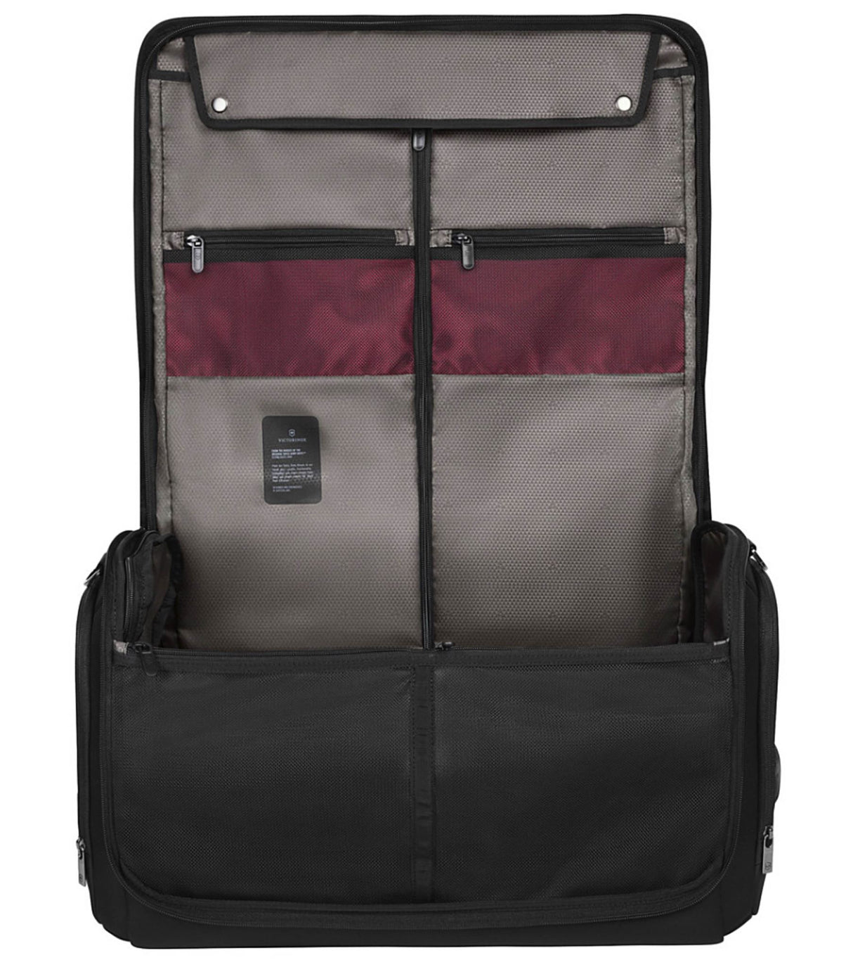 Sleek black Victorinox Crosslight Garment Bag, made from recycled PET, keeps clothes wrinkle-free and organized for easy travel.