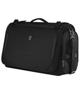 Sleek black Victorinox Crosslight Garment Bag made from recycled materials, features mesh pockets and compressible design for travel.