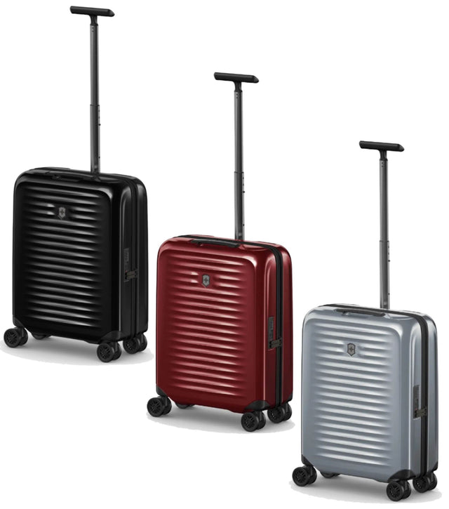 Sleek black Victorinox Airox Global 55 cm carry-on luggage with durable polycarbonate, smooth wheels, and ergonomic handles.