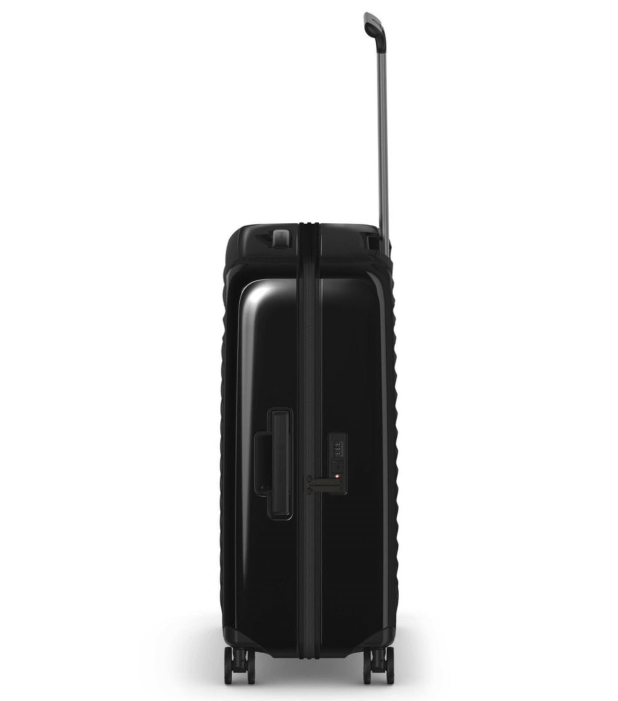 Victorinox Airox Medium 69 cm hardside luggage in black, featuring lightweight polycarbonate, 360° wheels, and ergonomic handles.