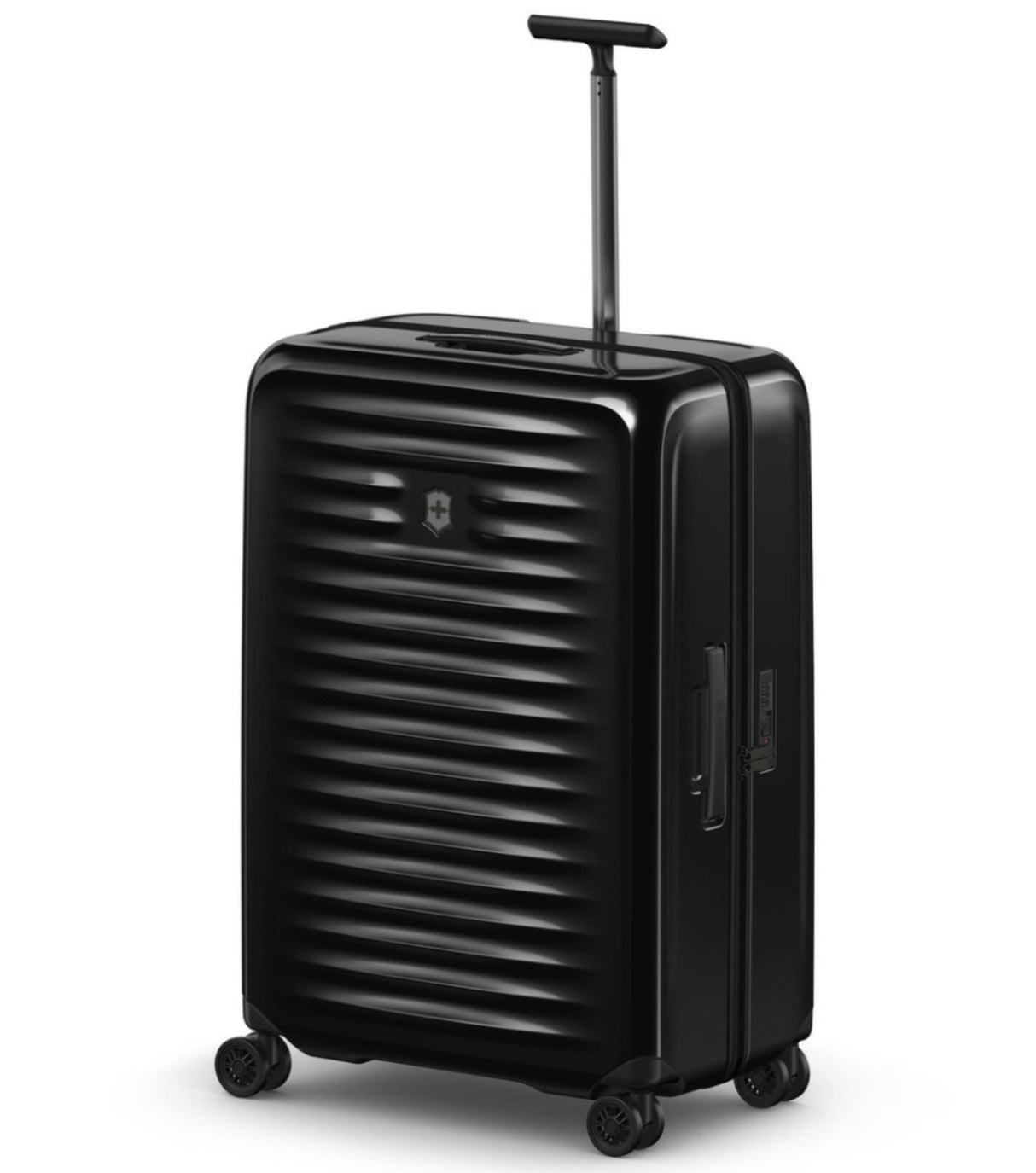 Sleek black Victorinox Airox 75 cm luggage, ultra-lightweight with durable polycarbonate, 360° wheels, and smart organization features.