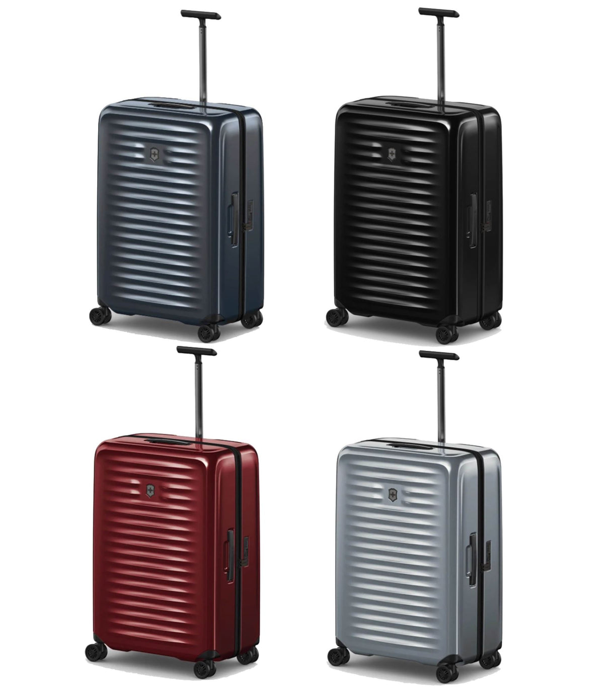 Sleek black Victorinox Airox 75 cm hardside luggage with 360° wheels and TSA-approved lock for seamless travel.