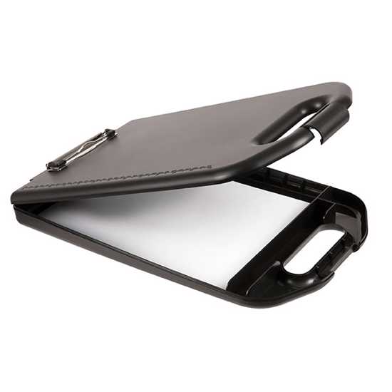 Black Marbig Professional clipboard with storage space, wire clip, and durable plastic for securing documents.