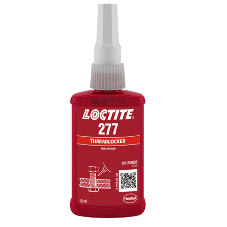 Red liquid LOCTITE 277 Threadlocker in a 50ml bottle, designed for strong permanent threadlocking in challenging environments.