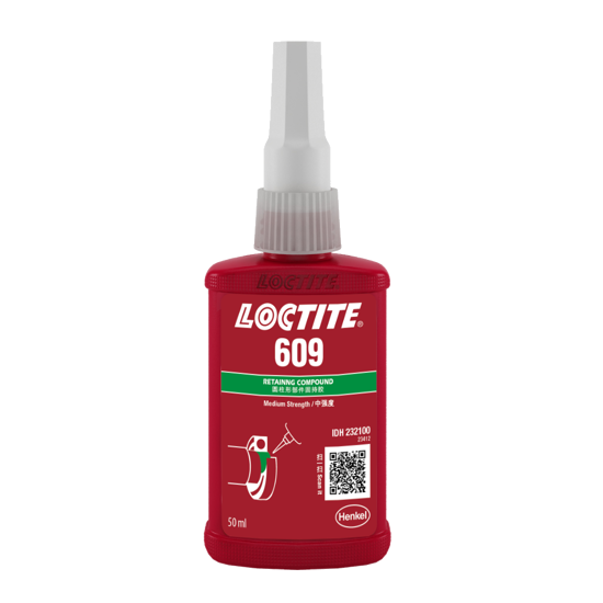 LOCTITE 609 retaining compound in a 50ml bottle, green liquid designed for bonding cylindrical metal parts with high strength.