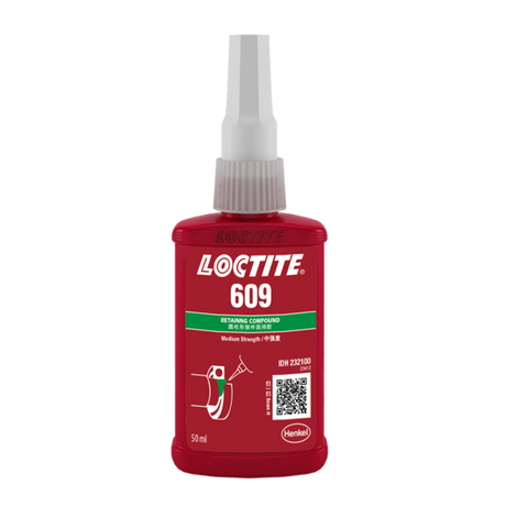 LOCTITE 609 retaining compound in a 50ml bottle, green liquid designed for bonding cylindrical metal parts with high strength.