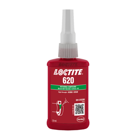 LOCTITE 620 high-strength retaining compound in green liquid form, ideal for securing cylindrical metal fittings in extreme temperatures.