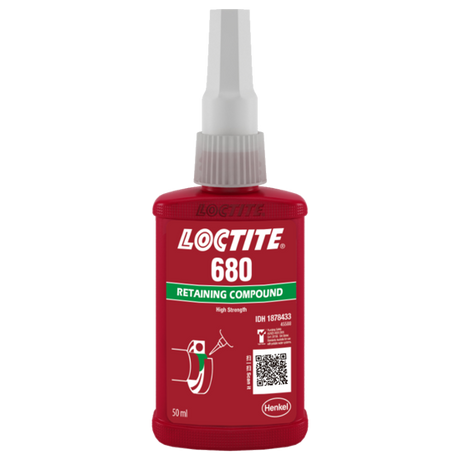 LOCTITE 680 Fast Cure Retaining Compound in green liquid form, ideal for bonding cylindrical metal parts with high strength.