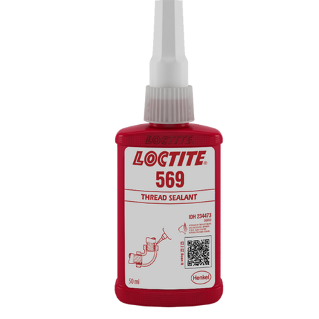 LOCTITE 569 brown thread sealant in 50ml for leak-free sealing of metal pipes and fittings, fast-curing for hydraulic use.