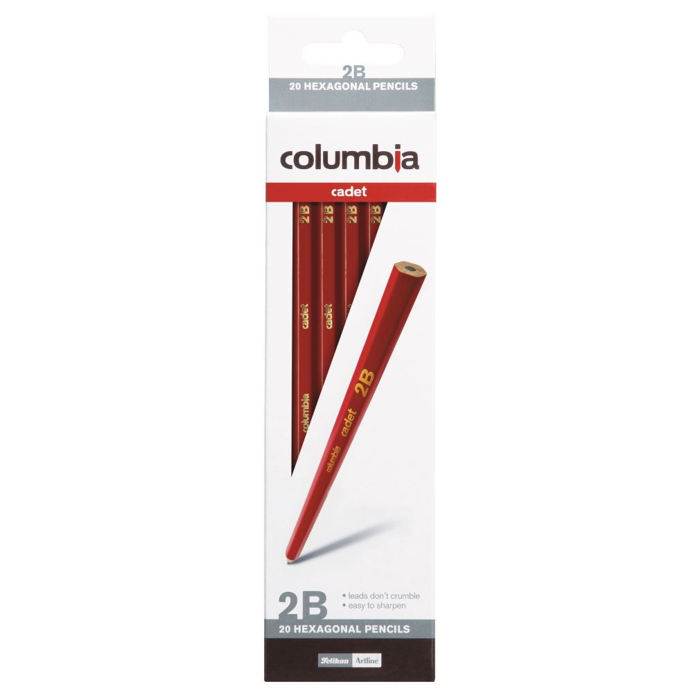 Columbia Cadet 2B hexagonal pencils in red, box of 20, offering durability and smooth writing for students and artists.