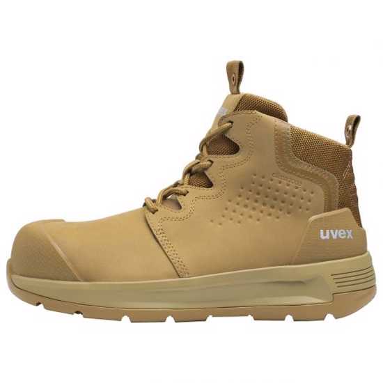 Extra wide tan zip-sided safety boots with composite toe cap, offering slip resistance and comfort for demanding work environments.