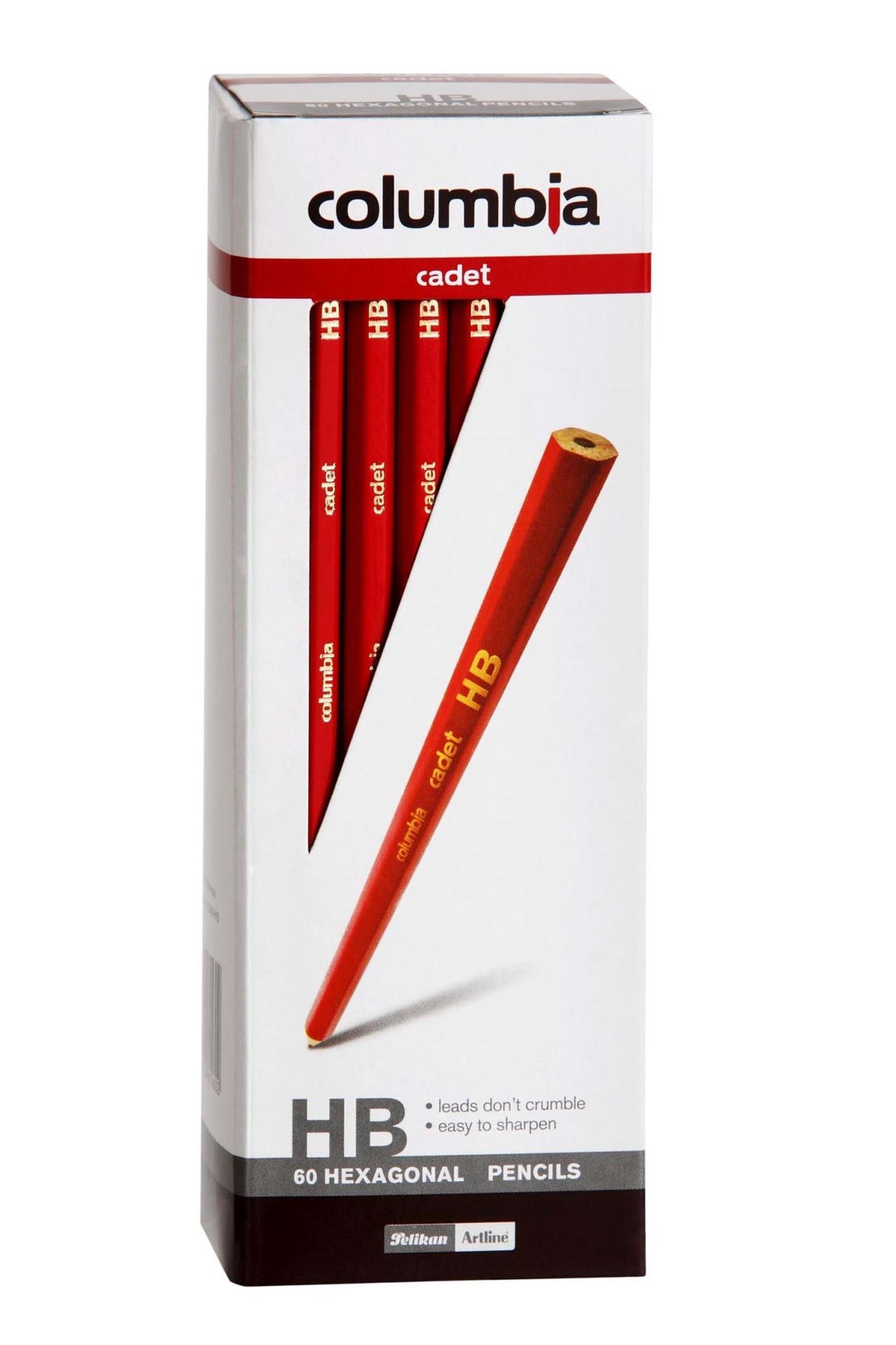 Columbia Cadet Hexagonal HB pencils in a box of 60, designed for comfort, quality, and durability for various users.