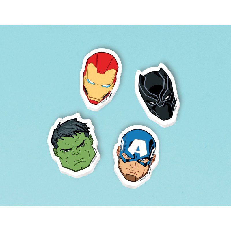 Colorful Marvel Avengers-themed erasers, 3.5cm, ideal for school supplies, party favors, and collectibles. Pack of 8.