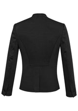 Ladies collarless jacket in charcoal, size 16, features stretch knit fabric, internal pocket, and chic design for versatile wear.