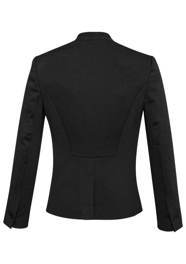 Stylish charcoal ladies collarless jacket with stretch knit, rear split, and internal pocket, perfect for professional or casual wear.