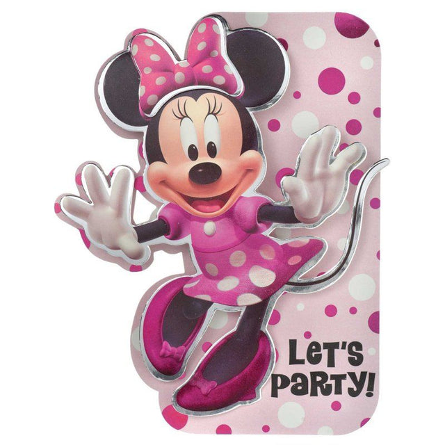 Minnie Mouse Forever Deluxe Foil Invitations pack of 8, vibrant with foil accents, perfect for Disney-themed celebrations.