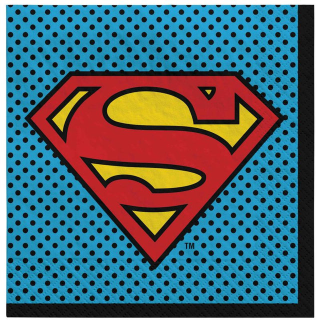 Vibrant Superman lunch napkins in a pack of 16, perfect for superhero-themed parties and clean-up.