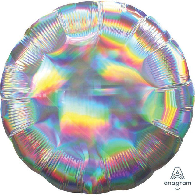 Holographic iridescent silver circle balloon, 45cm, ideal for celebrations with a vibrant, reflective finish.