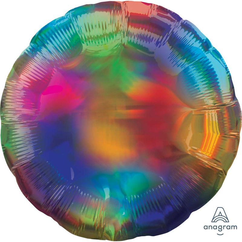 Iridescent 45cm rainbow circle balloon, perfect for vibrant party decor and celebrations, featuring a dazzling holographic shine.