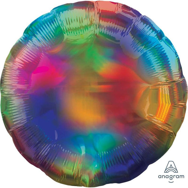 Iridescent 45cm rainbow circle balloon, perfect for vibrant party decor and celebrations, featuring a dazzling holographic shine.