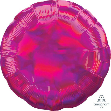 Holographic iridescent magenta circle balloon, 45cm, ideal for festive events and celebrations, adding glam and color.