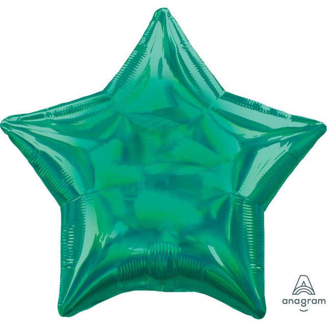 Holographic iridescent green star balloon, 45cm, perfect for elevating celebrations with sparkle and vibrant color.