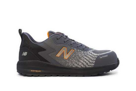 Safety shoes in grey and orange, featuring composite toe cap, breathable upper, anti-perforation midsole, and slip-resistant outsole.