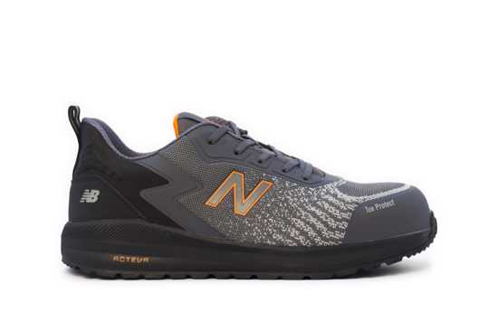 Safety shoes in grey and orange, featuring composite toe cap, breathable upper, anti-perforation midsole, and slip-resistant outsole.