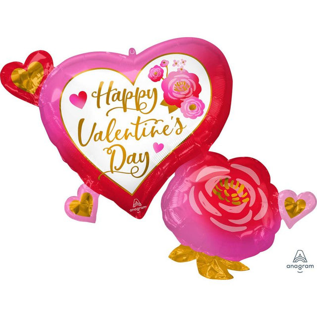 Vibrant XL heart-shaped balloon with roses, perfect for Valentine's Day celebrations and romantic surprises.