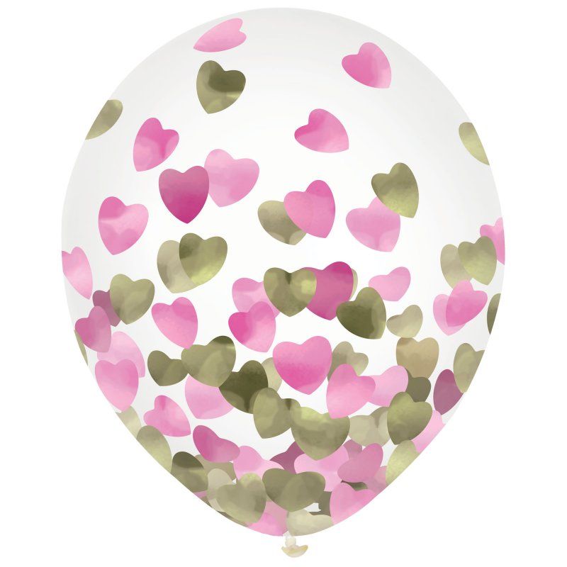 Colorful 30cm latex balloons with confetti hearts, perfect for festive celebrations like birthdays and weddings. Pack of 6.