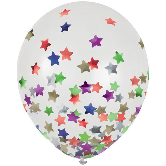 Pack of 6 vibrant 30cm latex balloons with confetti stars, perfect for parties and festive celebrations.