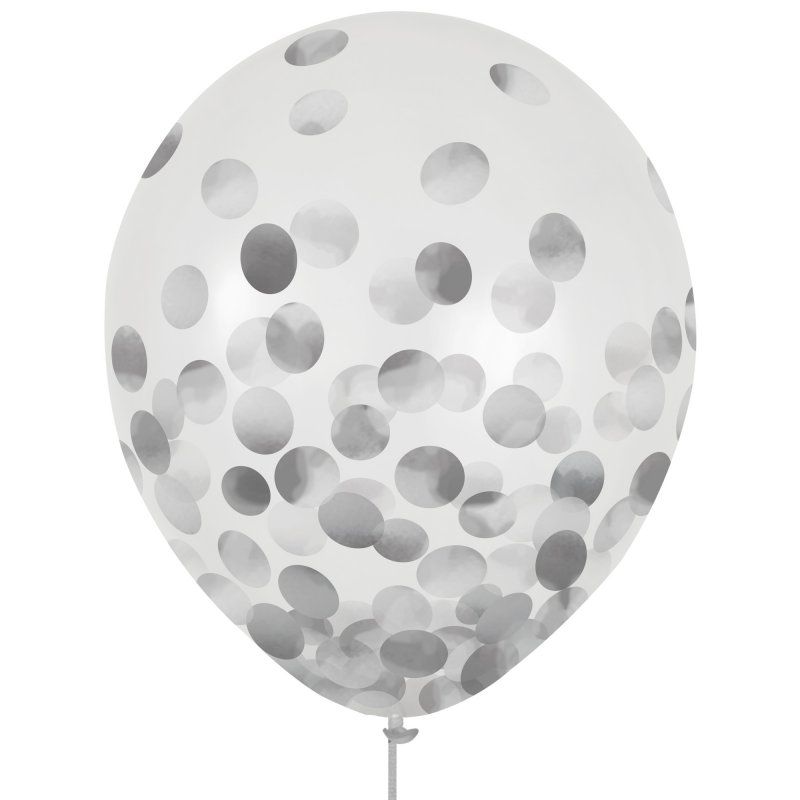 Pack of 6 vibrant 30cm latex balloons with sparkling silver confetti, perfect for festive celebrations and decorations.