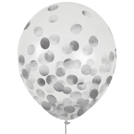 Pack of 6 vibrant 30cm latex balloons with sparkling silver confetti, perfect for festive celebrations and decorations.