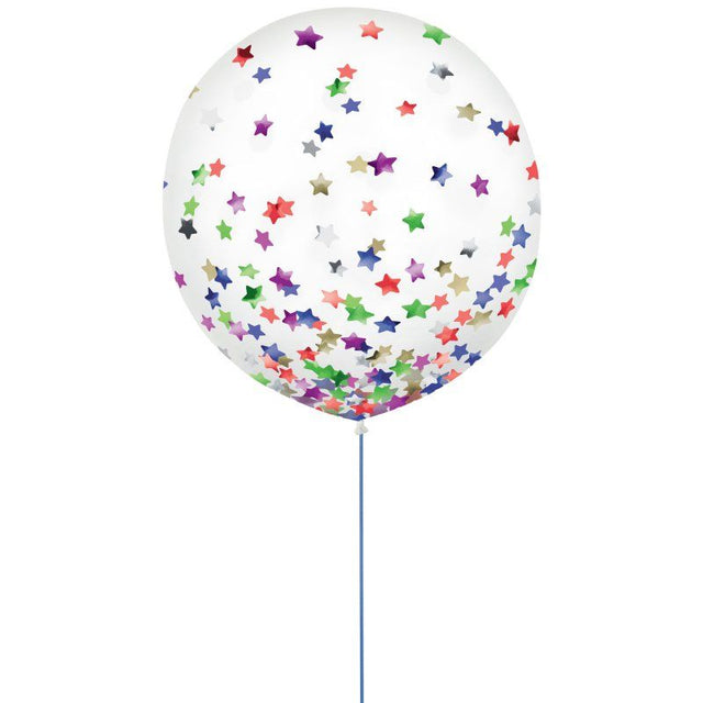 Bright 60cm latex balloons with confetti stars, perfect for festive celebrations and eye-catching decor. Pack of 2.