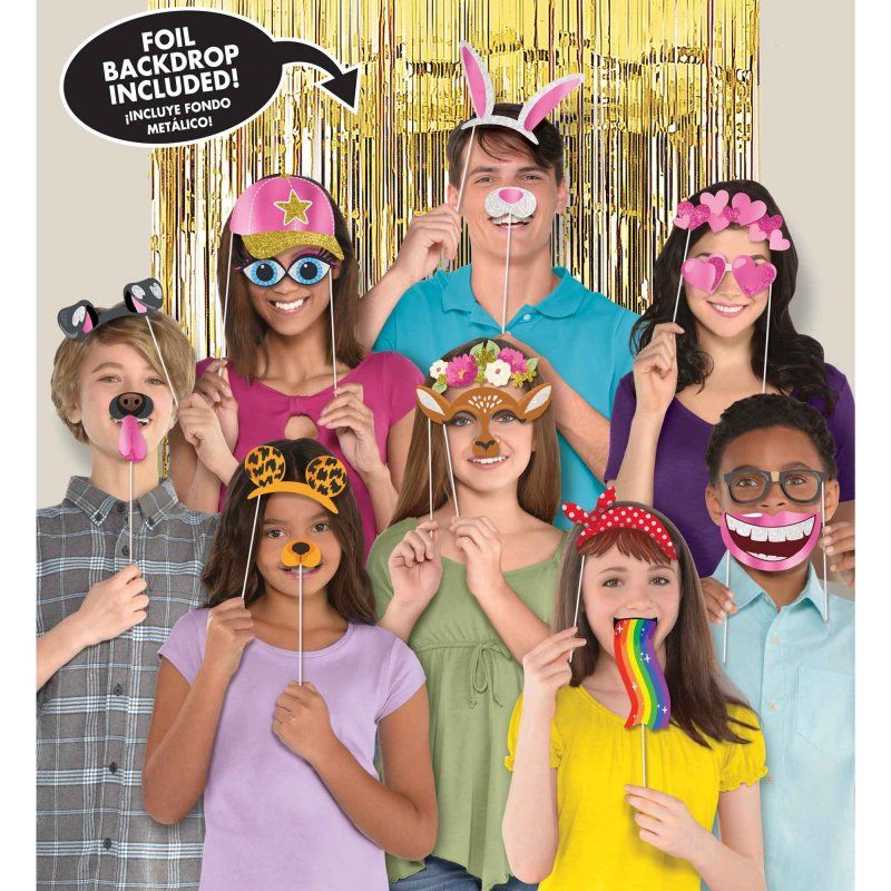 Vibrant Social Media Deluxe Photo Props & Backdrop set with 20 fun props and a large foil curtain for captivating photos.