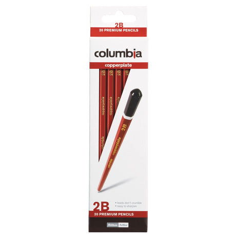 Columbia Copperplate 2B hexagonal lead pencils in vibrant red and dark brown, designed for smooth writing and drawing.