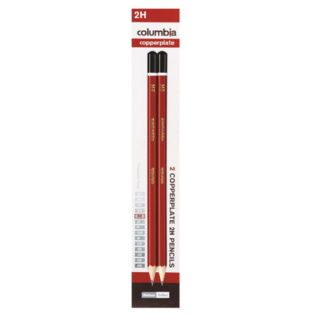 Columbia Copperplate 2H pencils with hexagonal grip, red body, and brown cap, ideal for precise writing and sketching.