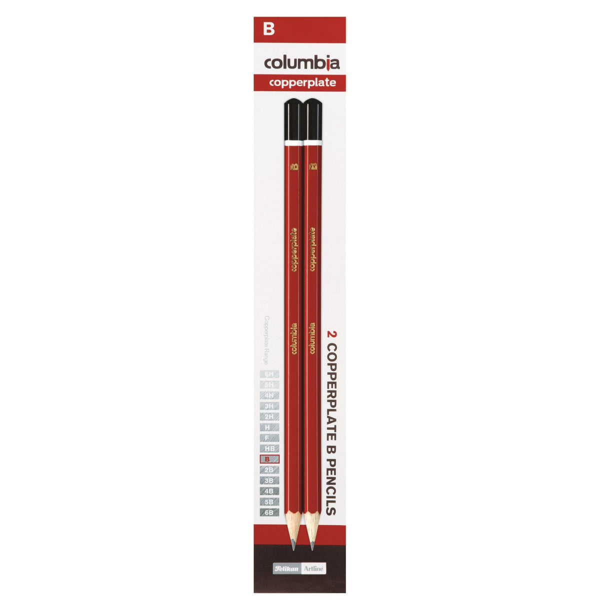 Columbia Copperplate hexagonal B lead pencils in iconic red and dark brown, known for precision, comfort, and durability, pack of 10.