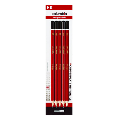 Columbia Copperplate Hexagonal HB Pencils in red and brown, pack of 5 for precise writing and drawing.