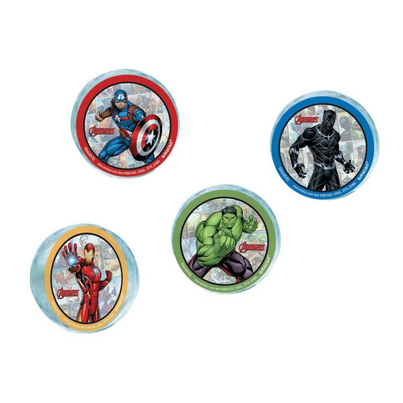 Vibrant pack of 4 Marvel Avengers bounce balls featuring iconic superhero images for fun and collectibility.