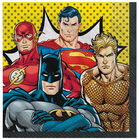 Colorful Justice League lunch napkins featuring Superman, Batman, and Wonder Woman, perfect for superhero-themed parties.