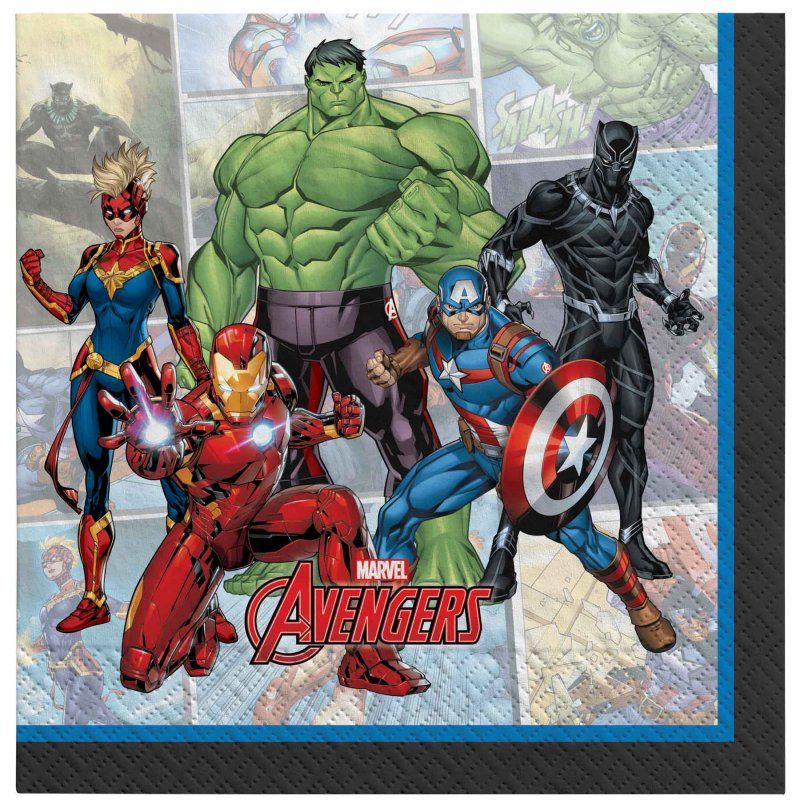 Colorful Marvel Avengers lunch napkins, featuring iconic heroes, perfect for themed parties and easy clean-up. Pack of 16.