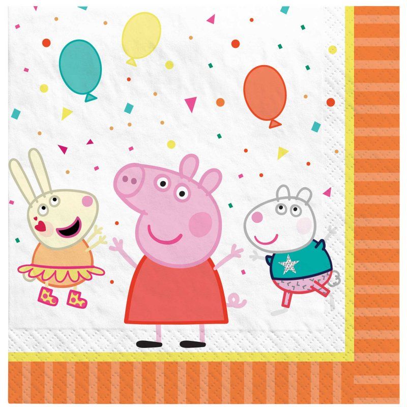 Vibrant Peppa Pig confetti lunch napkins in a pack of 16, perfect for kids' parties and themed celebrations.