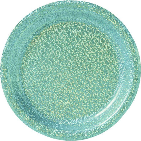 Prismatic robin's egg blue round paper plates, 17cm, pack of 8, perfect for stylish gatherings and easy cleanup.