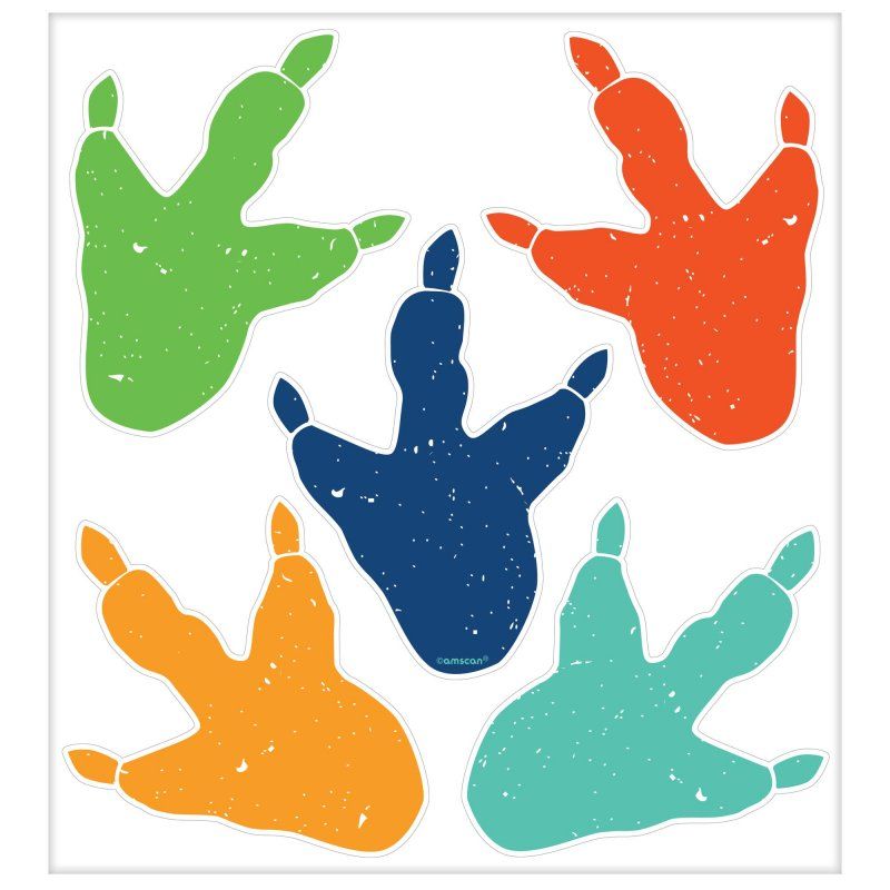 Vibrant dinosaur vinyl cling footprints, 24cm x 22cm, perfect for kids' birthday parties and themed events.