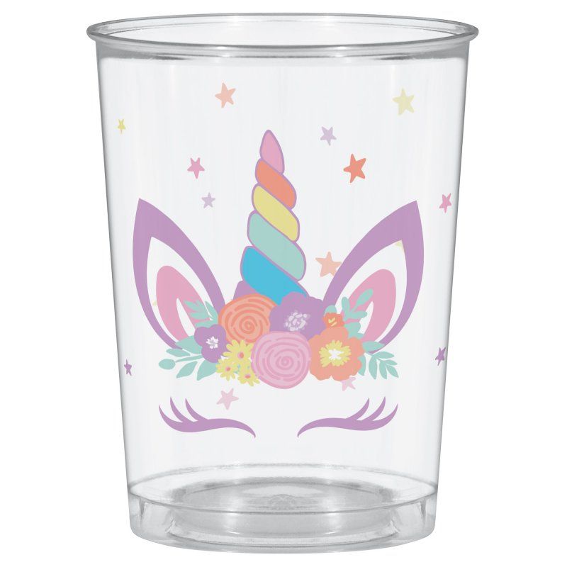 Vibrant unicorn design plastic cup (473ml) ideal for birthday parties, baby showers, and whimsical gatherings.