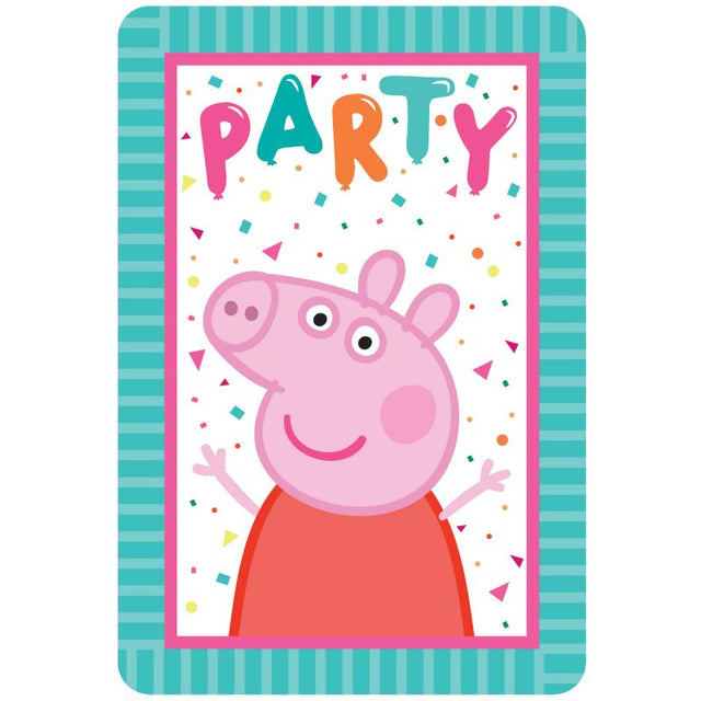 Colorful Peppa Pig confetti postcard invitations for children’s parties, pack of 8 with envelopes and stickers included.